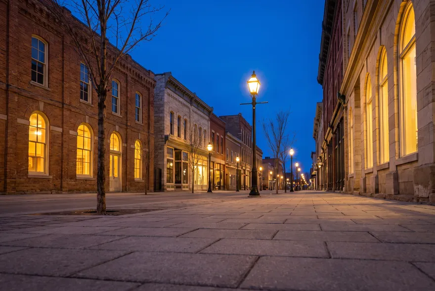 Illustration: a wide sidewalk at dusk along old brick and limestone buildings with glowing arched windows and old-style street lamps.